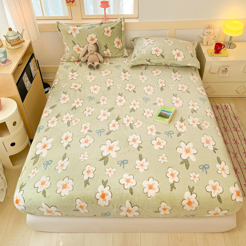 2025新款高克重雪花绒卡通印花加厚保暖大床单床笠 床笠奶芙小花