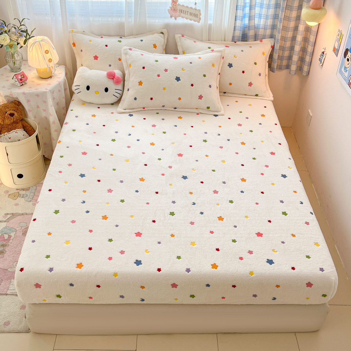 2025新款高克重雪花绒卡通印花加厚保暖大床单床笠 床笠奶昔星星