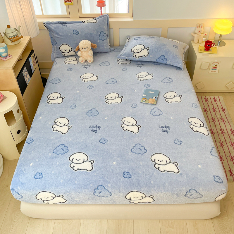 2025新款高克重雪花绒卡通印花加厚保暖大床单床笠 床笠云朵奶狗