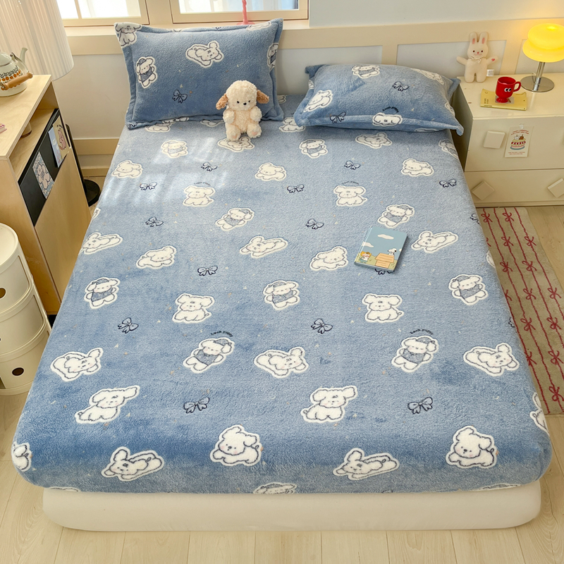 2025新款高克重雪花绒卡通印花加厚保暖大床单床笠 床笠小雪狗