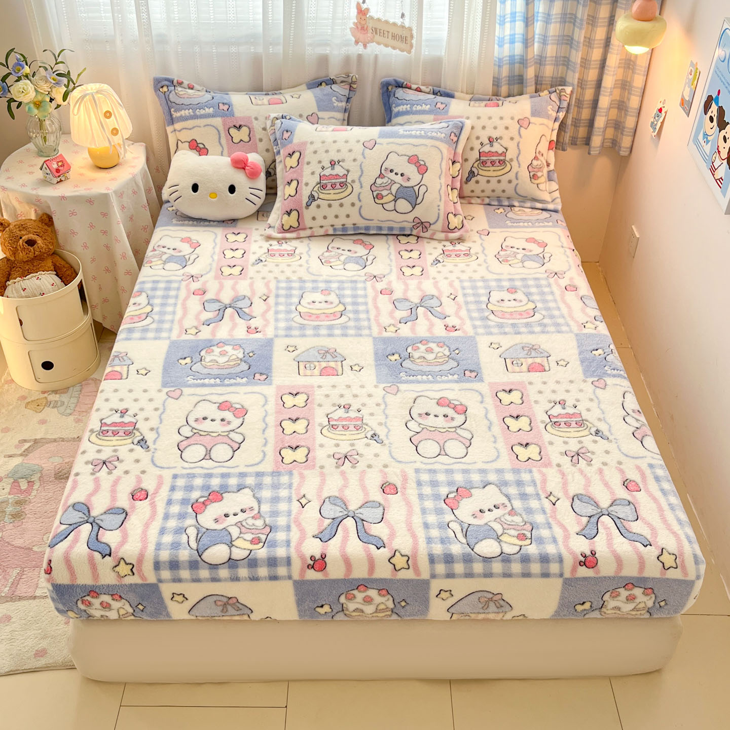 2025新款高克重雪花绒卡通印花加厚保暖大床单床笠 床笠小喵甜心
