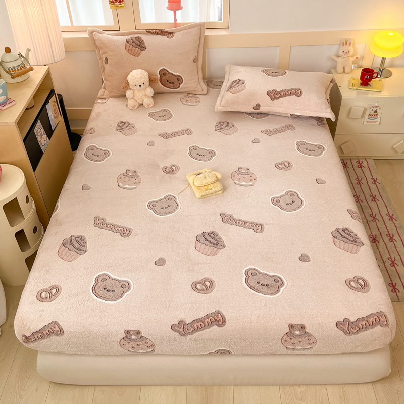 2025新款高克重雪花绒卡通印花加厚保暖大床单床笠 床笠巧克力熊