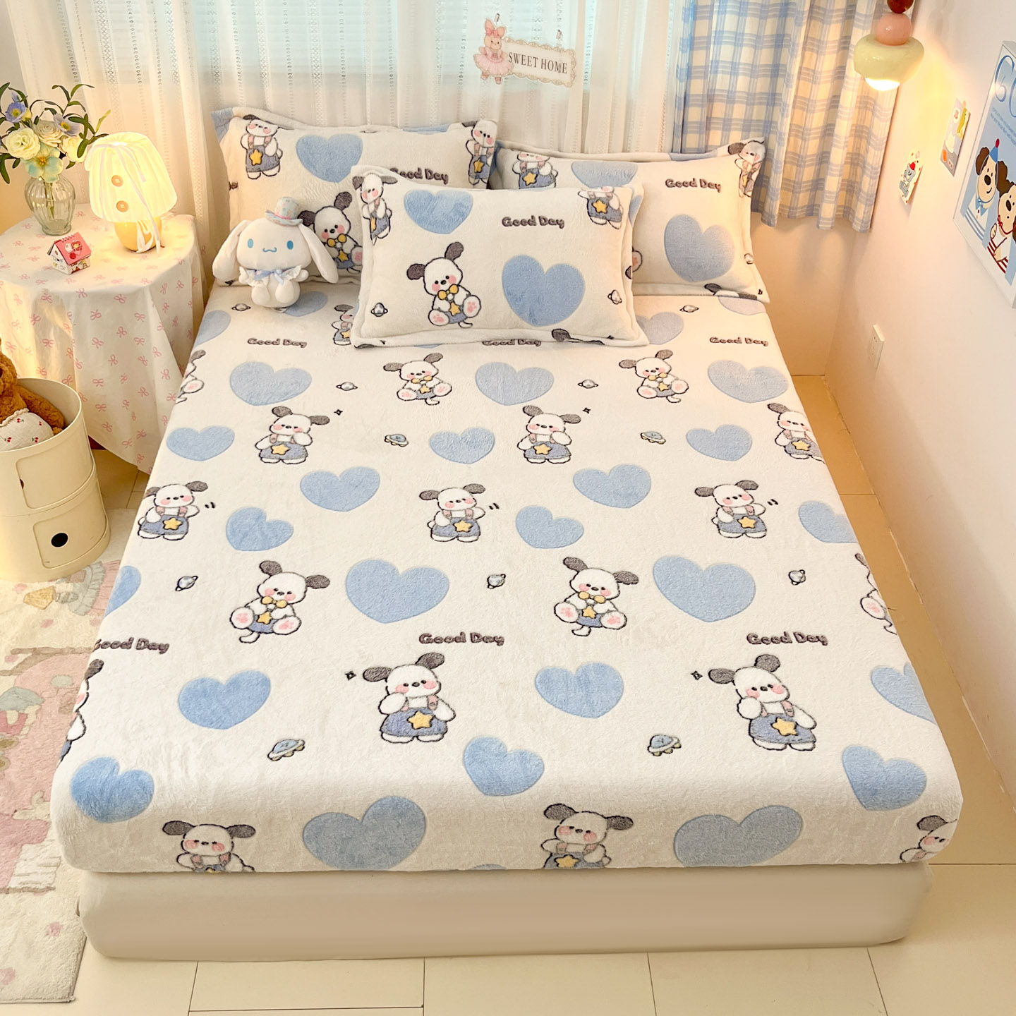 2025新款高克重雪花绒卡通印花加厚保暖大床单床笠 床笠快乐西高地