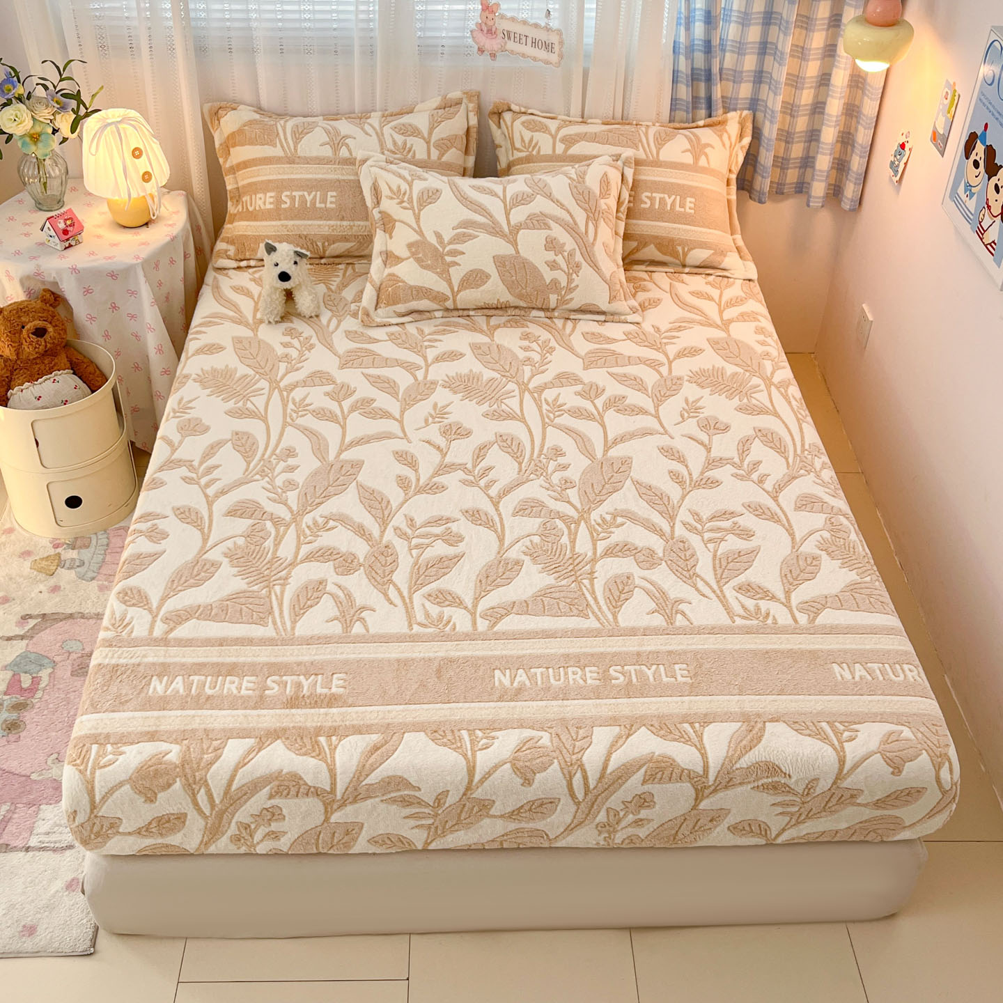 2025新款高克重雪花绒卡通印花加厚保暖大床单床笠 床笠月桂-浅咖