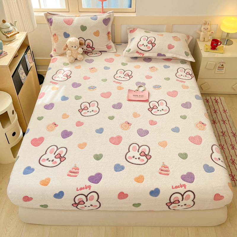 2025新款高克重雪花绒卡通印花加厚保暖大床单床笠 床笠泡芙小兔