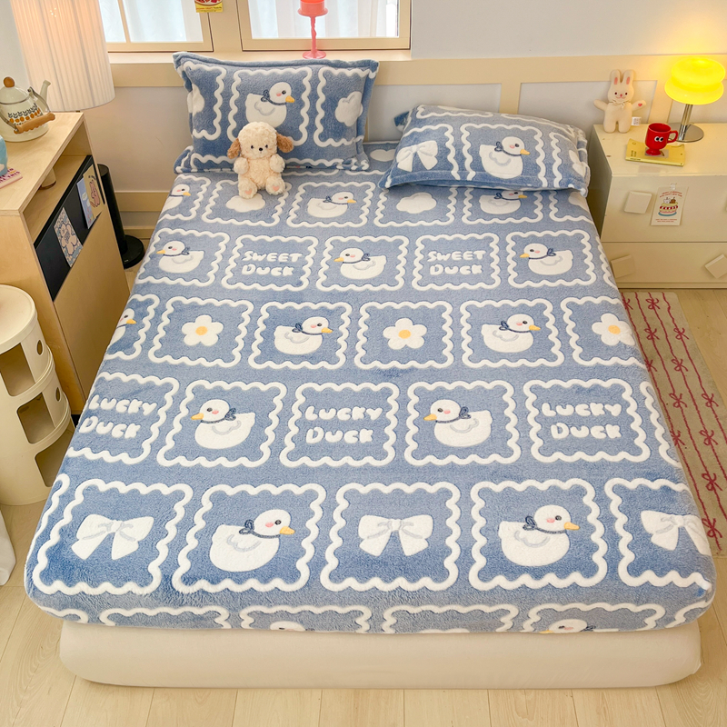 2025新款高克重雪花绒卡通印花加厚保暖大床单床笠 床笠快乐鸭鸭