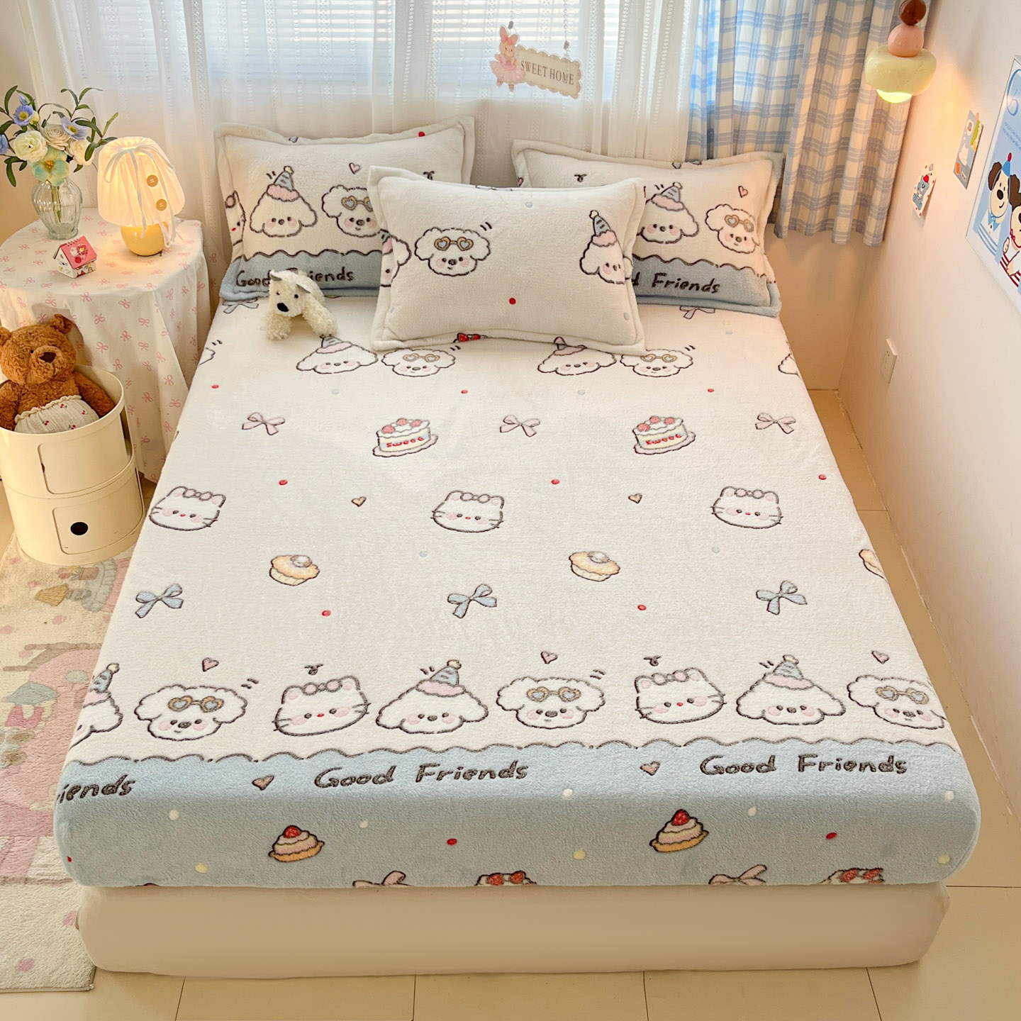 2025新款高克重雪花绒卡通印花加厚保暖大床单床笠 床笠快乐派对