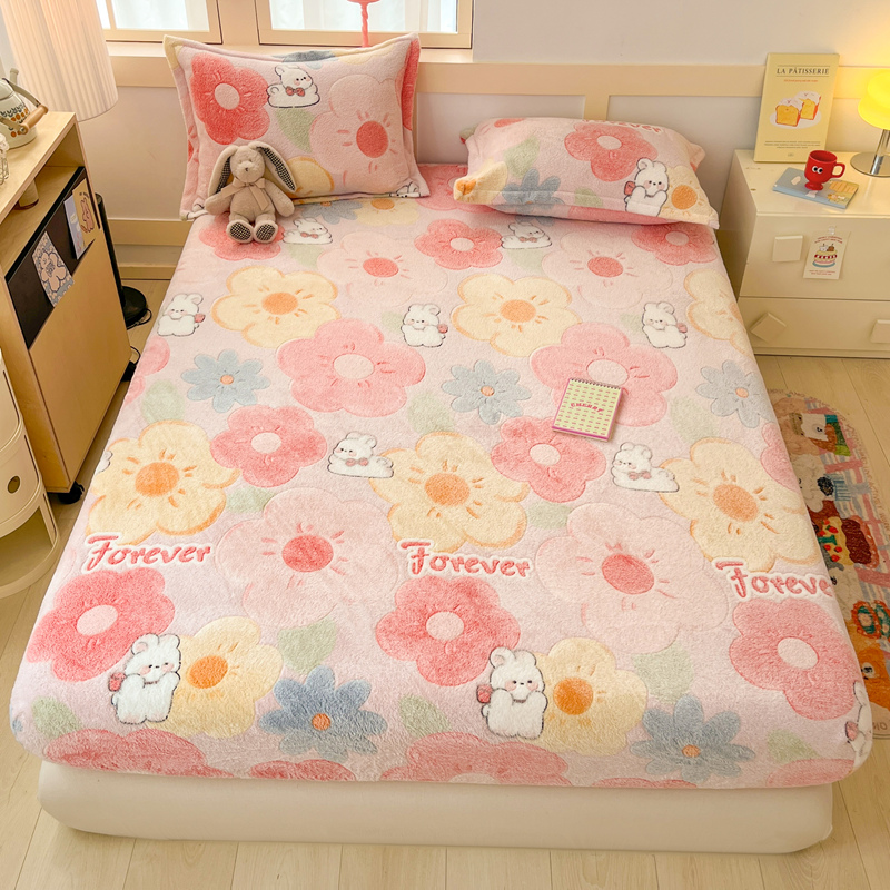 2025新款高克重雪花绒卡通印花加厚保暖大床单床笠 床笠甜心花田