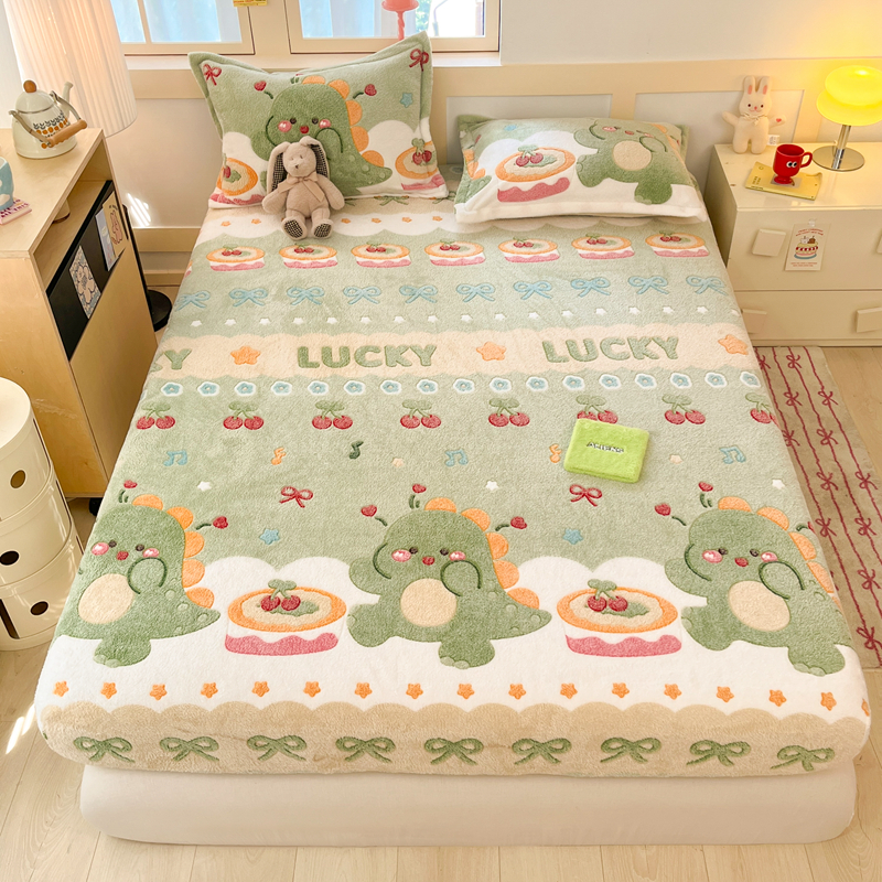 2025新款高克重雪花绒卡通印花加厚保暖大床单床笠 床笠甜系龙龙