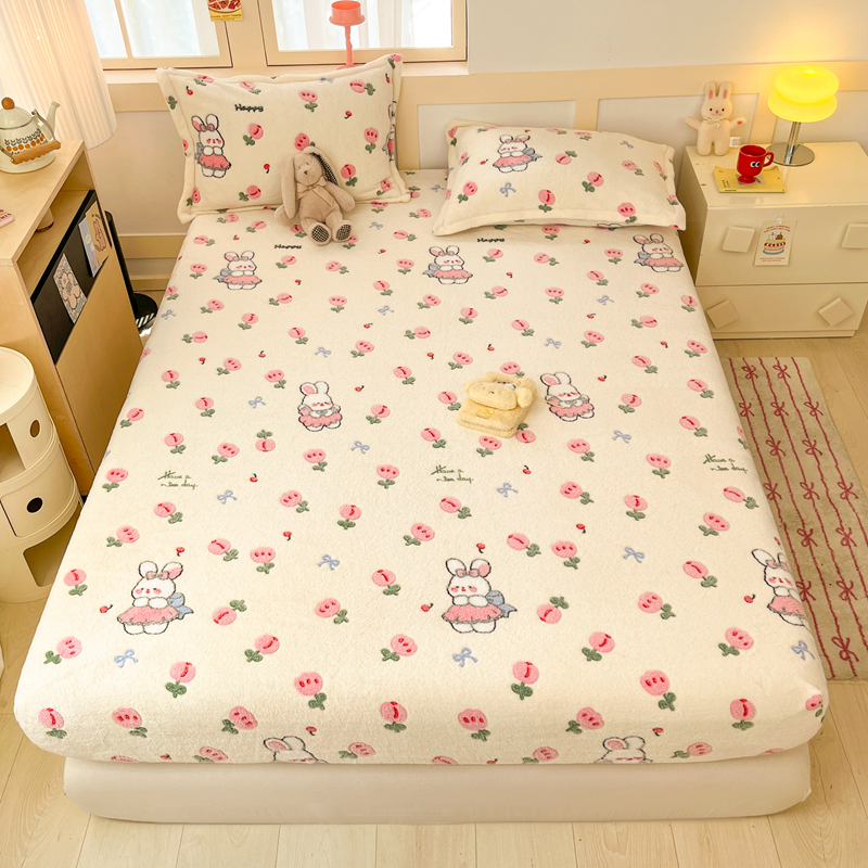 2025新款高克重雪花绒卡通印花加厚保暖大床单床笠 床笠郁金奶兔