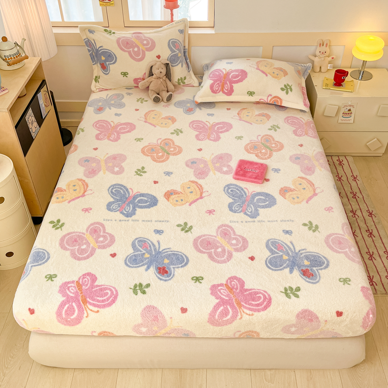 2025新款高克重雪花绒卡通印花加厚保暖大床单床笠 床笠花园蝴蝶