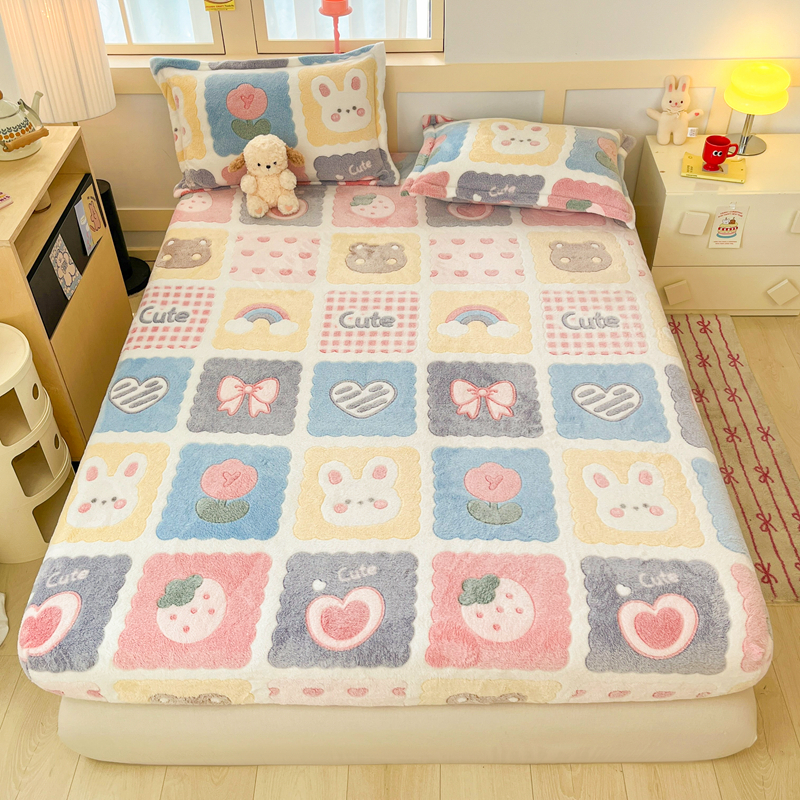 2025新款高克重雪花绒卡通印花加厚保暖大床单床笠 床笠甜蜜日常粉
