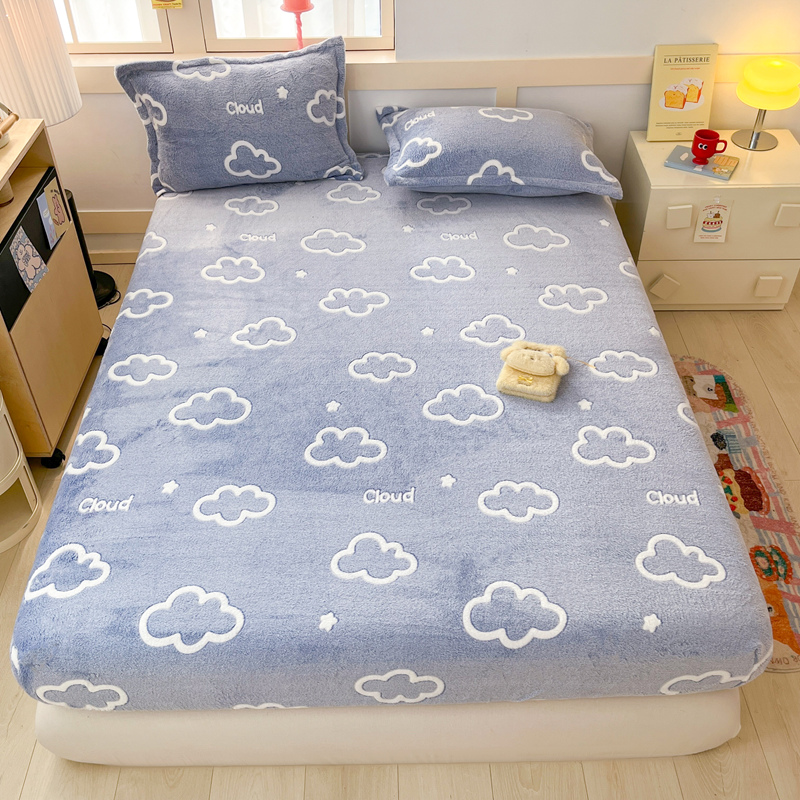 2025新款高克重雪花绒卡通印花加厚保暖大床单床笠 床笠奶味云朵