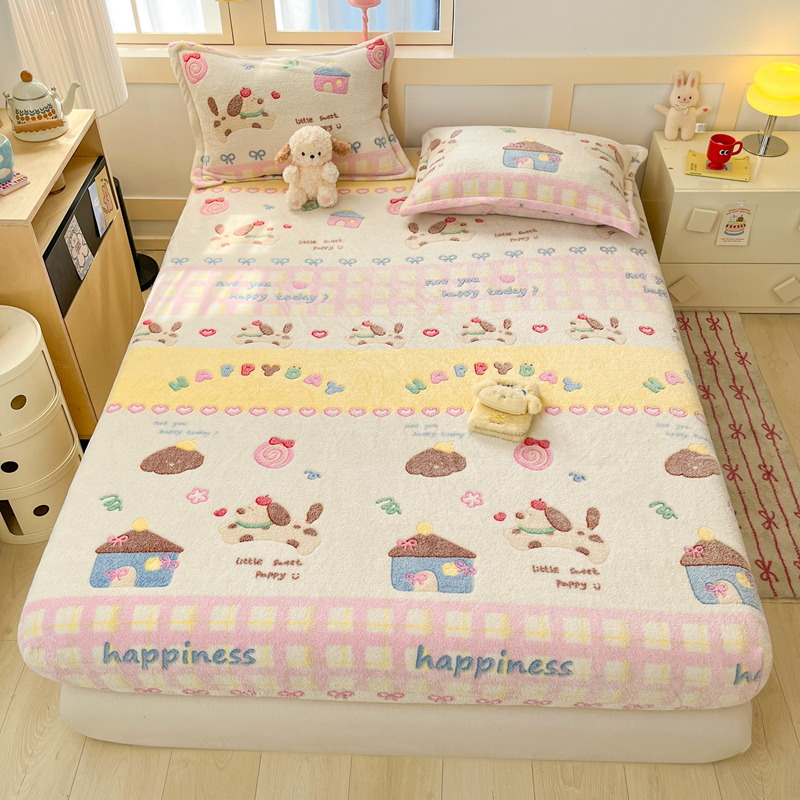 2025新款高克重雪花绒卡通印花加厚保暖大床单床笠 床笠小狗物语