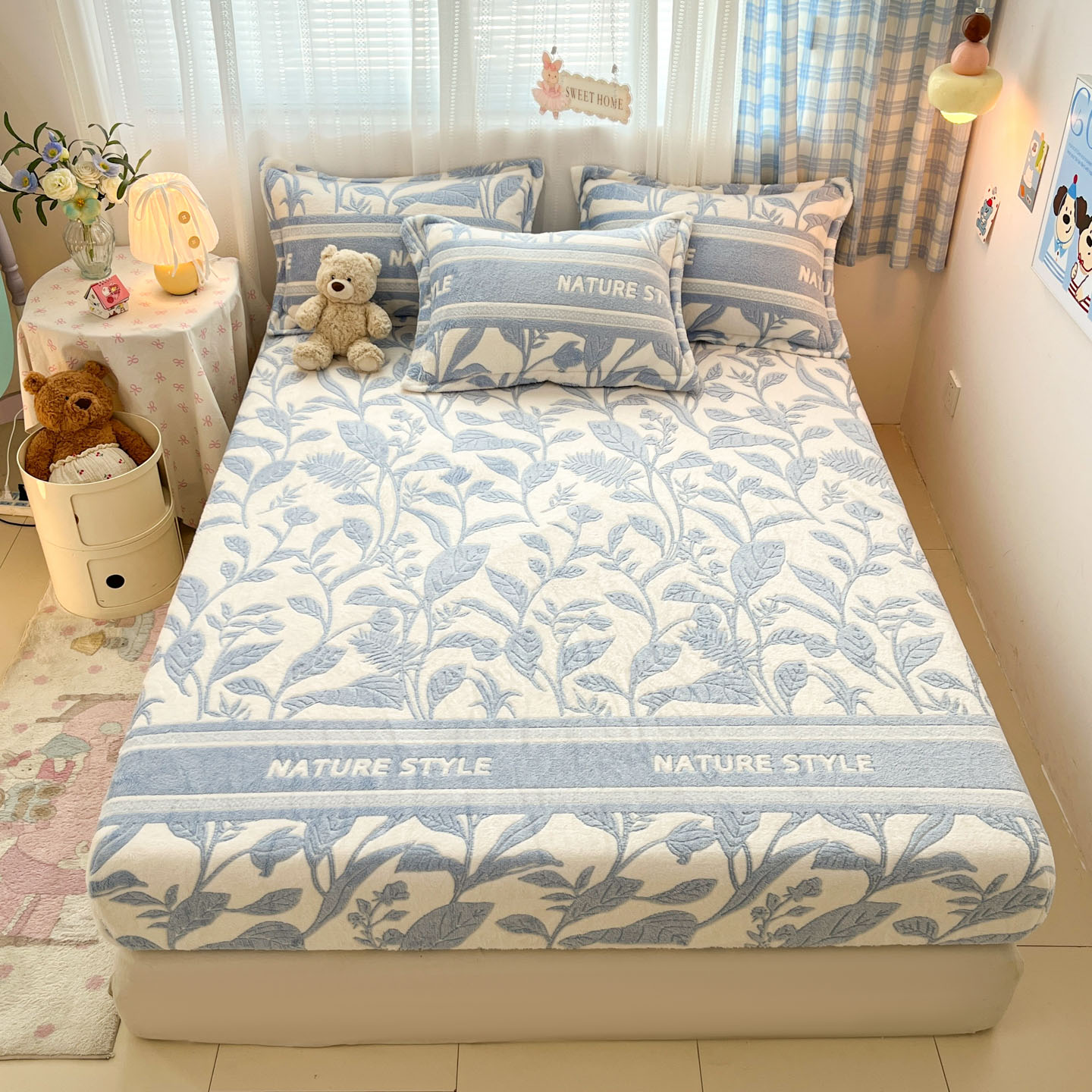 2025新款高克重雪花绒卡通印花加厚保暖大床单床笠 床笠月桂-蓝