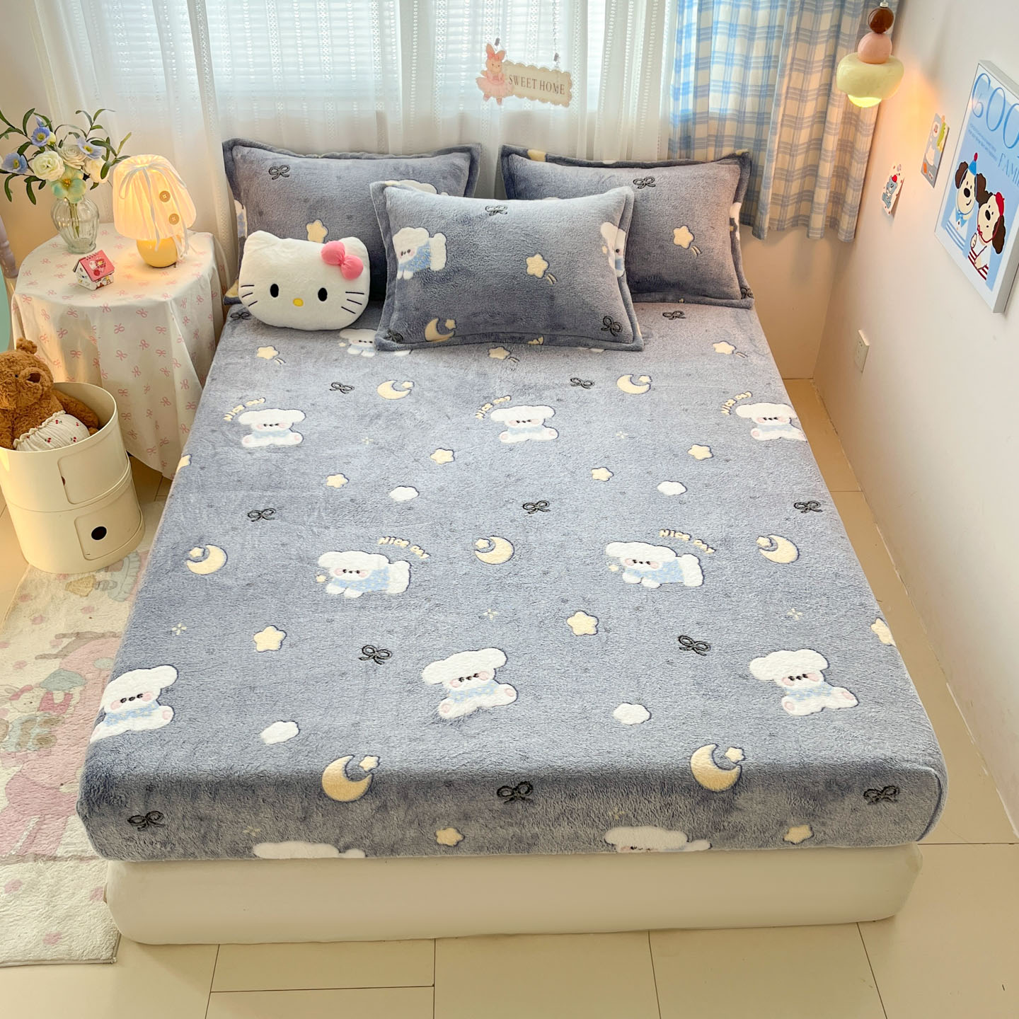 2025新款高克重雪花绒卡通印花加厚保暖大床单床笠 床笠星月小狗-灰