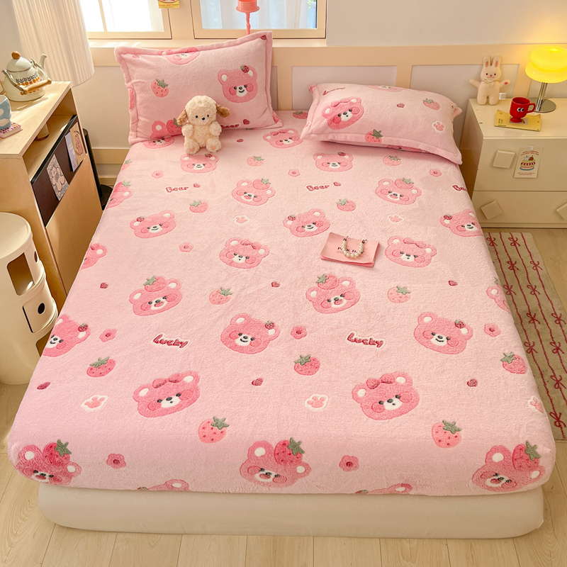 2025新款高克重雪花绒卡通印花加厚保暖大床单床笠 床笠甜系粉熊