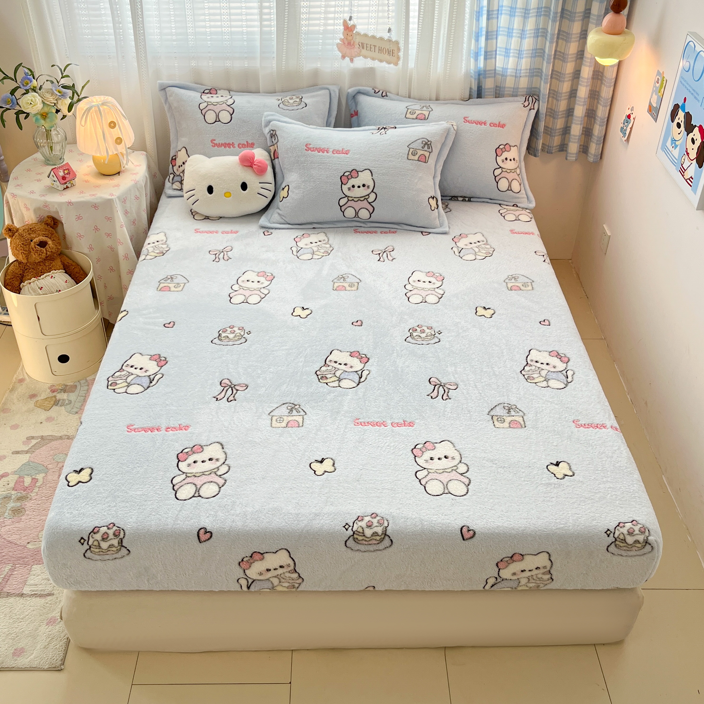 2025新款高克重雪花绒卡通印花加厚保暖大床单床笠 床笠幸运小咪