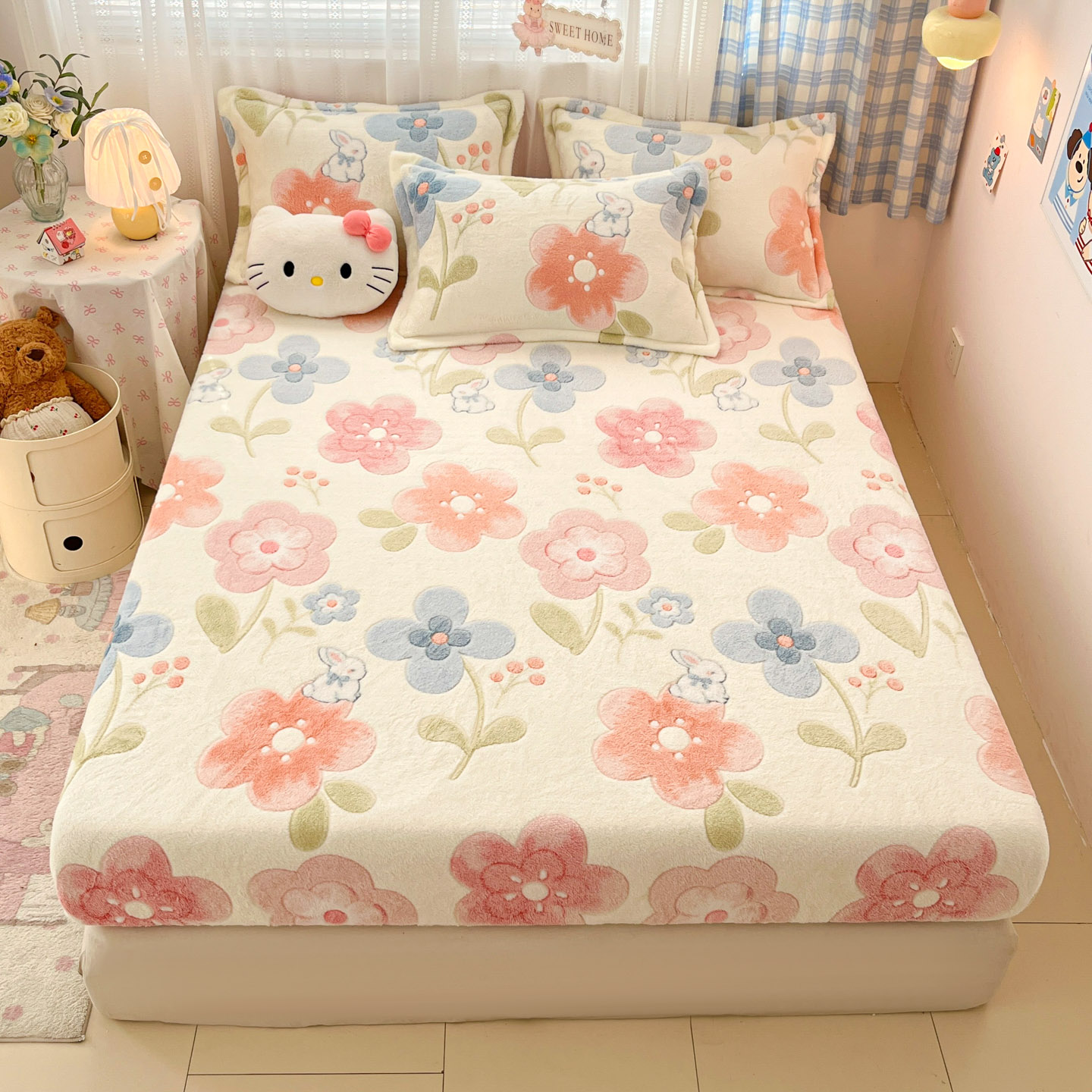 2025新款高克重雪花绒卡通印花加厚保暖大床单床笠 床笠半眠小兔