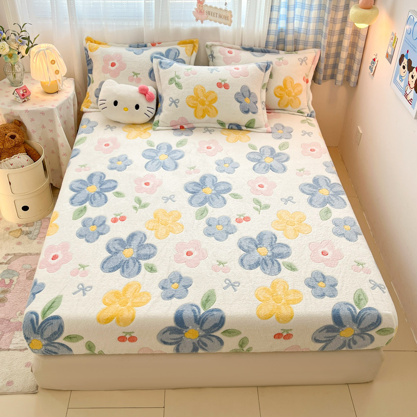 2025新款高克重雪花绒卡通印花加厚保暖大床单床笠 床笠半暖花朵