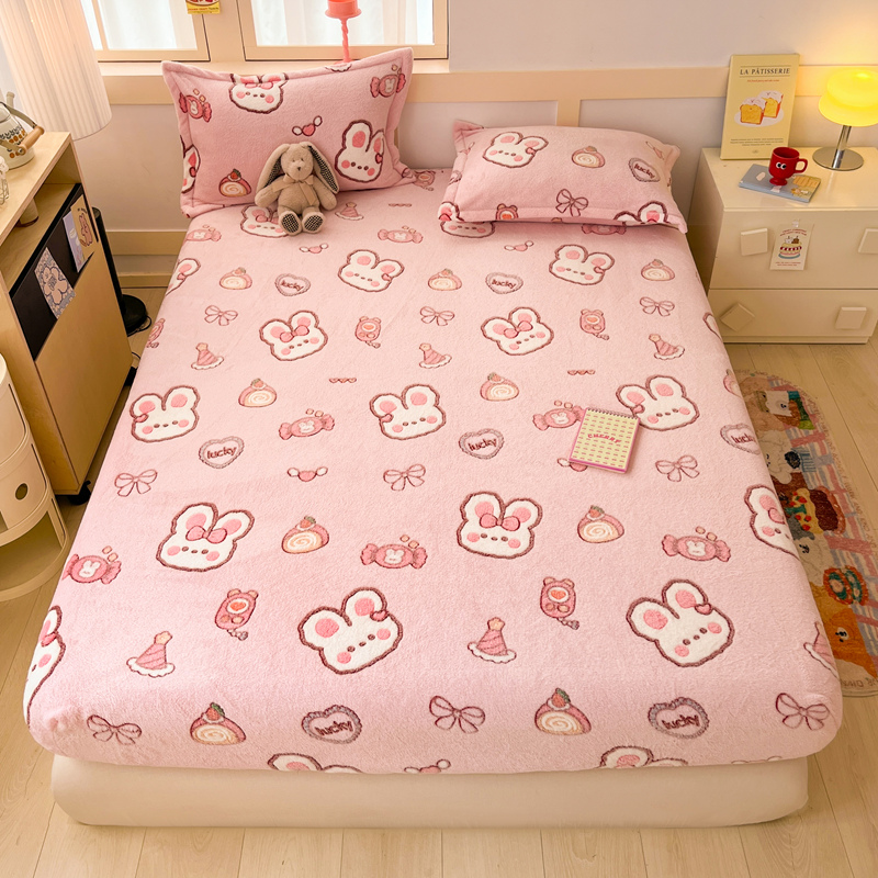 2025新款高克重雪花绒卡通印花加厚保暖大床单床笠 床笠蜜语奶兔