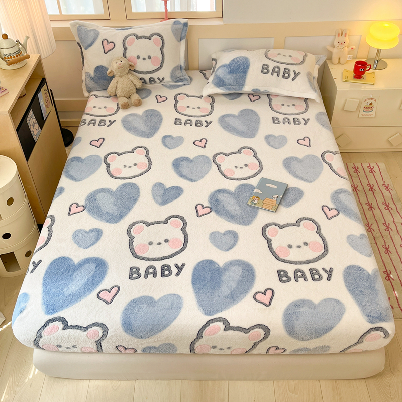 2025新款高克重雪花绒卡通印花加厚保暖大床单床笠 床笠可爱熊