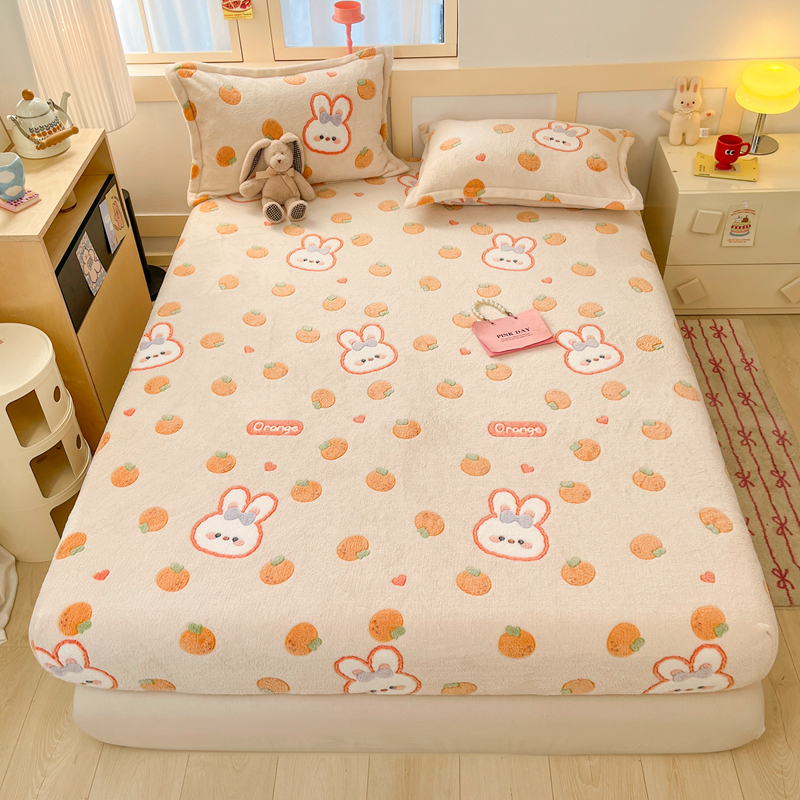 2025新款高克重雪花绒卡通印花加厚保暖大床单床笠 床笠橘兔