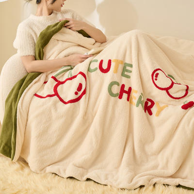 2023新款毛巾绣米粒绒牛奶绒毛毯被套毯-樱桃 200*230cm 樱桃-茶绿