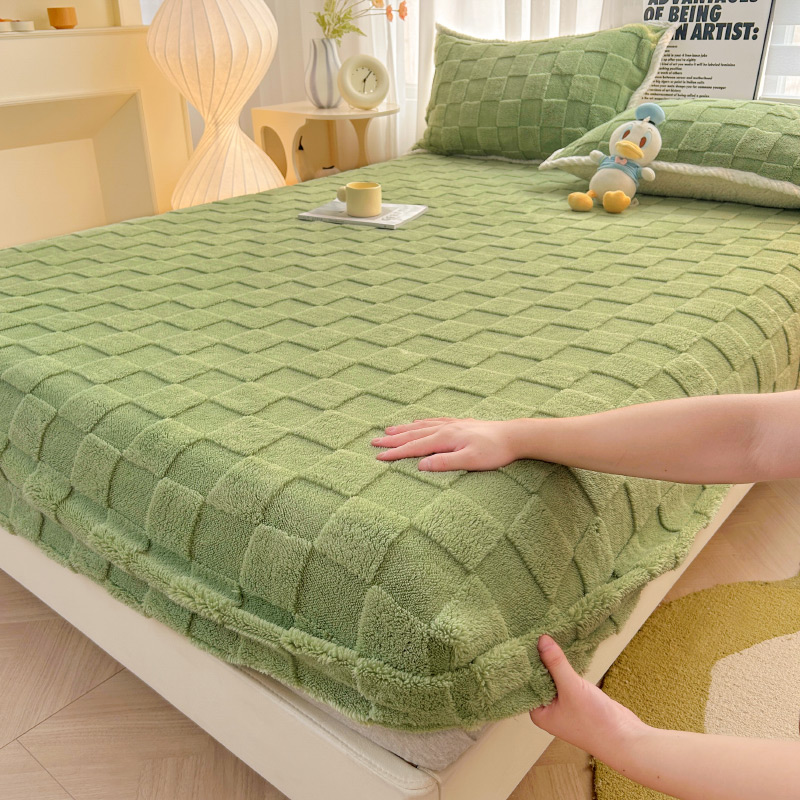 2023新款牛奶绒塔芙绒纯色保暖床笠保护垫床罩 90*200cm单床笠 拼图 绿
