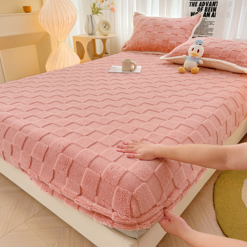 2023新款牛奶绒塔芙绒纯色保暖床笠保护垫床罩 150*200cm单床笠 拼图 粉