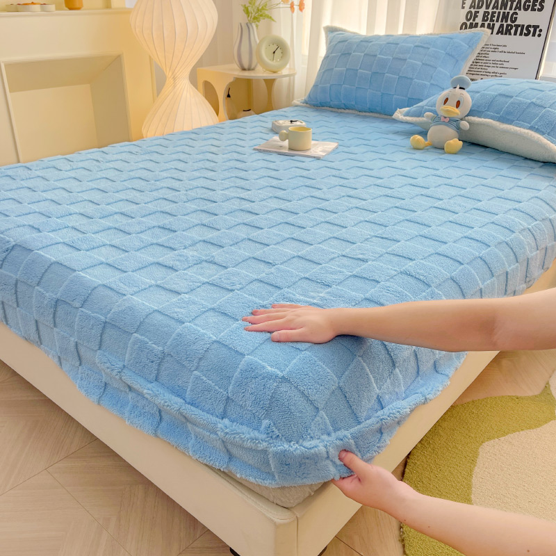 2023新款牛奶绒塔芙绒纯色保暖床笠保护垫床罩 150*200cm单床笠 拼图 蓝