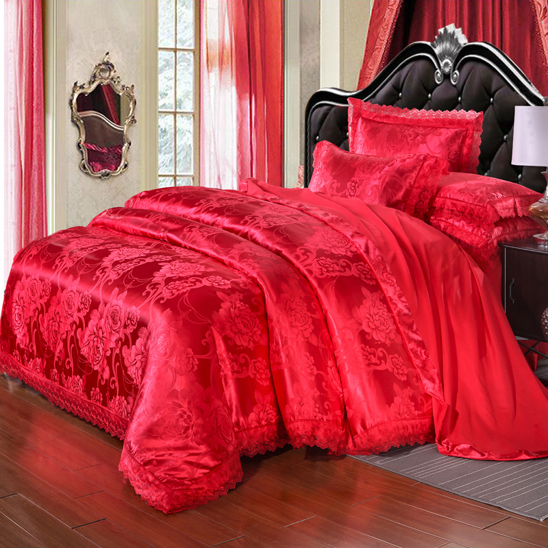 2018新款莫代尔蕾丝花边贡缎提花四件套 床裙款1.5m（5英尺）床 花都绽放-大红