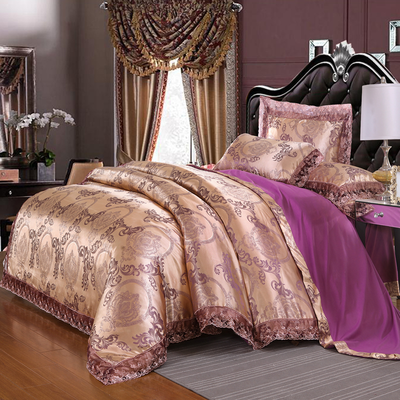 2018新款莫代尔蕾丝花边贡缎提花四件套 床裙款1.5m（5英尺）床 曼珠沙华 香槟紫