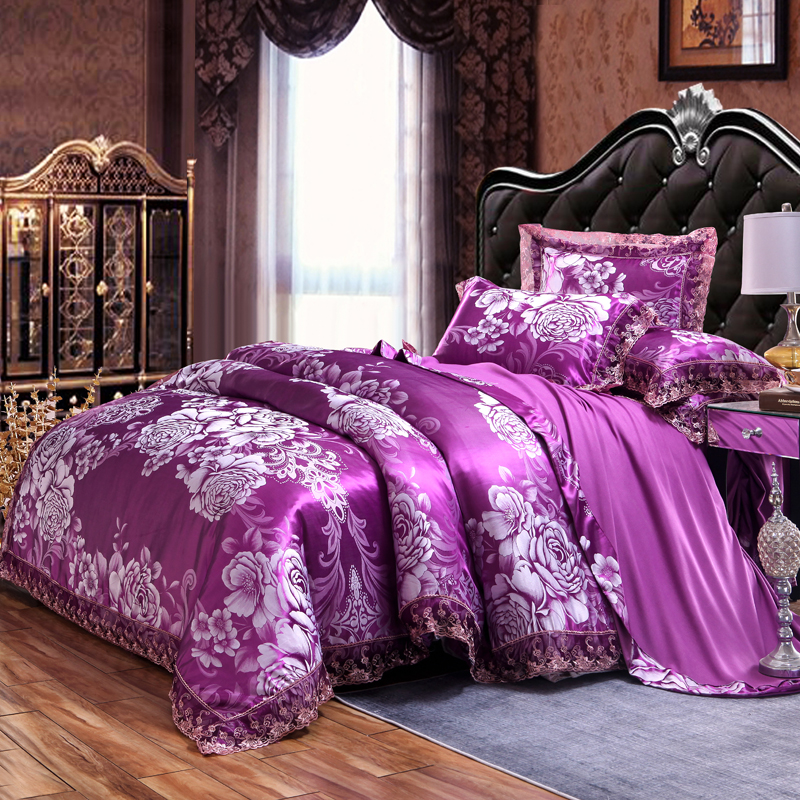 2018床裙花边款贡缎提花四件套（床单款） 床单款1.5m（5英尺）床 三生三世 魅紫