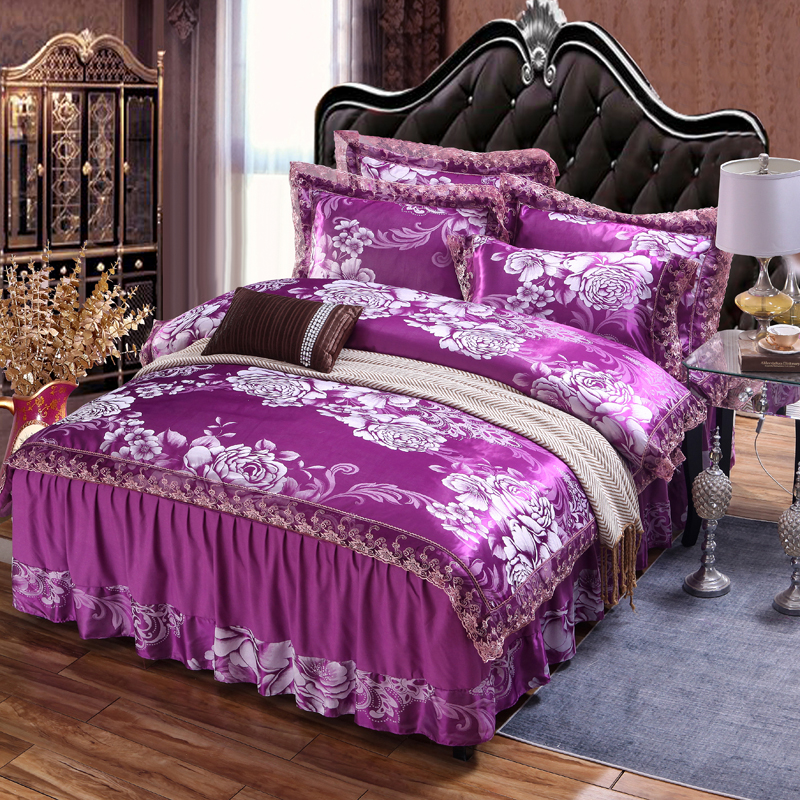 2019新款-床裙花边款贡缎提花四件套（床裙款） 1.8m（6英尺）床 三生三世 魅紫