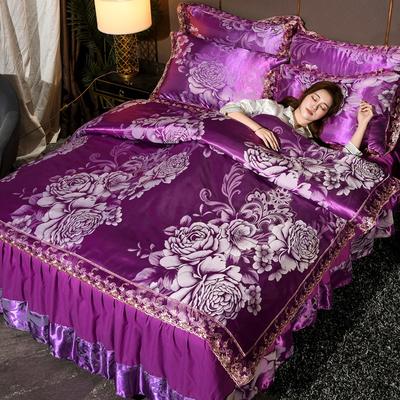 2020新款床裙款莫代尔蕾丝花边贡缎提花四件套 1.8m（6英尺）床 三生三世-魅紫