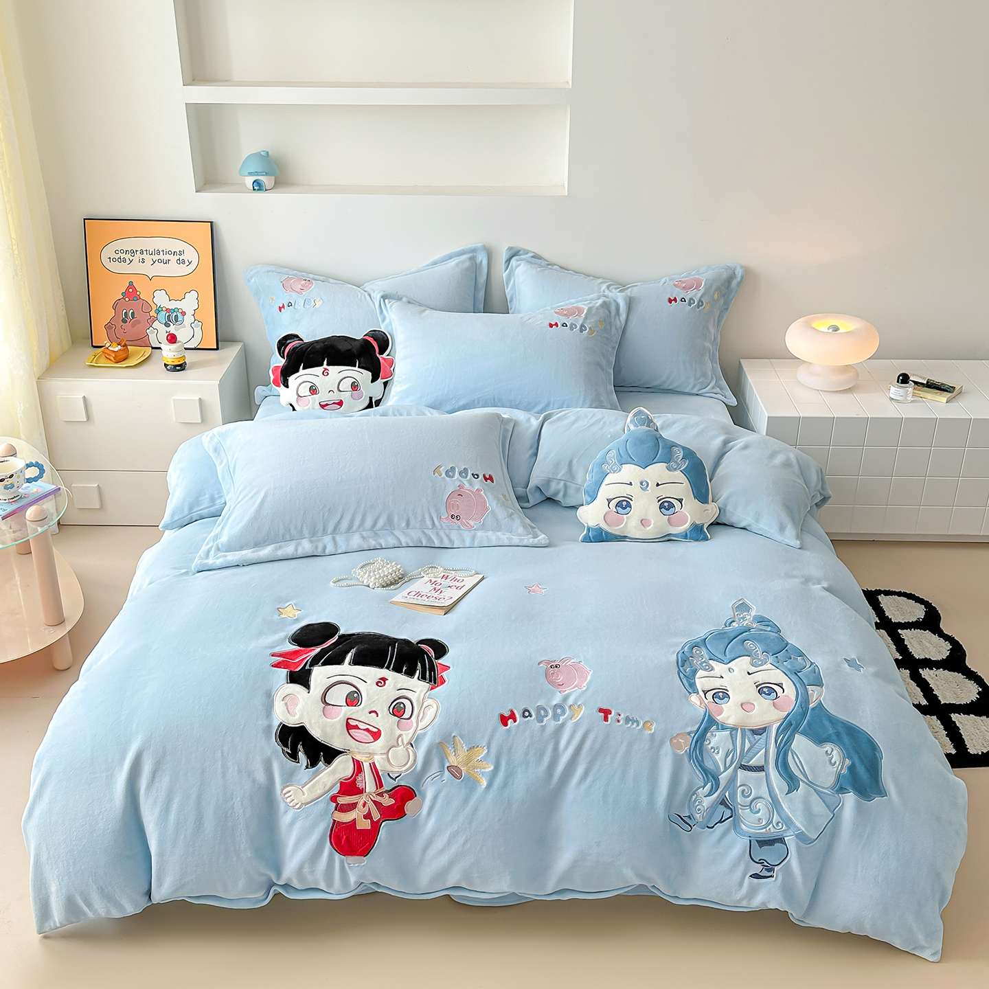 2025新款牛奶绒毛绒贴布绣花保暖四件套-哪吒