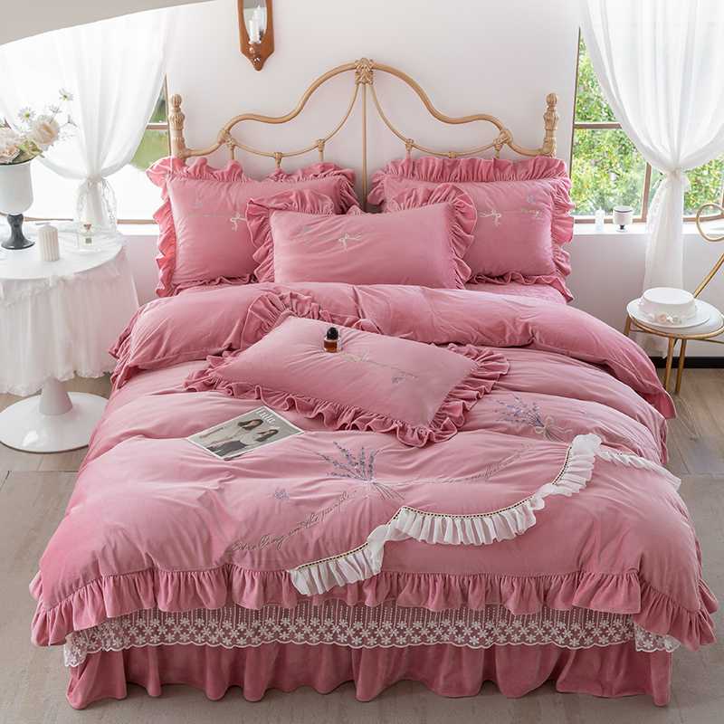 2024加厚婴儿绒韩版床盖绣花保暖四件套-含香