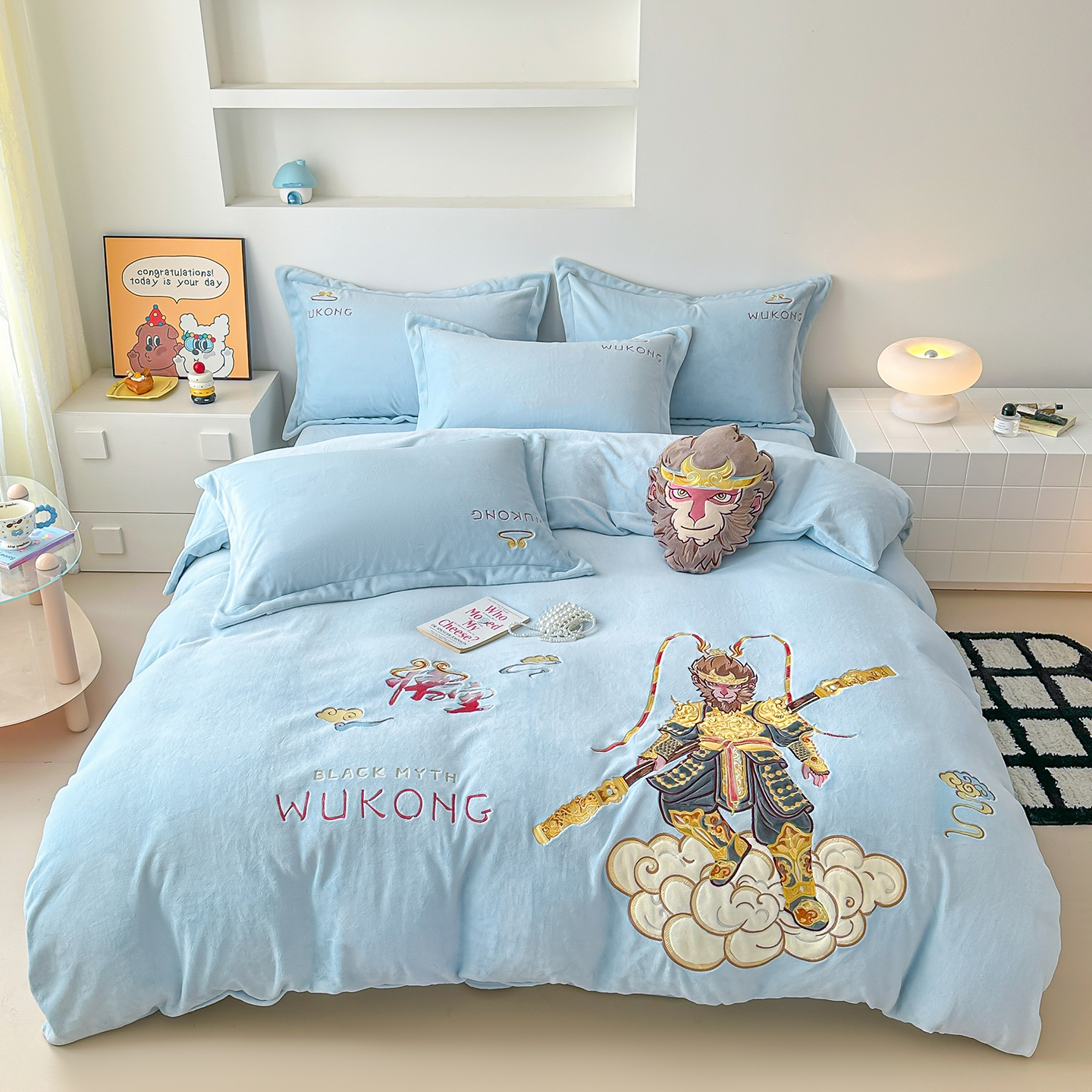 2025新款牛奶绒毛绒贴布绣花保暖四件套-悟空