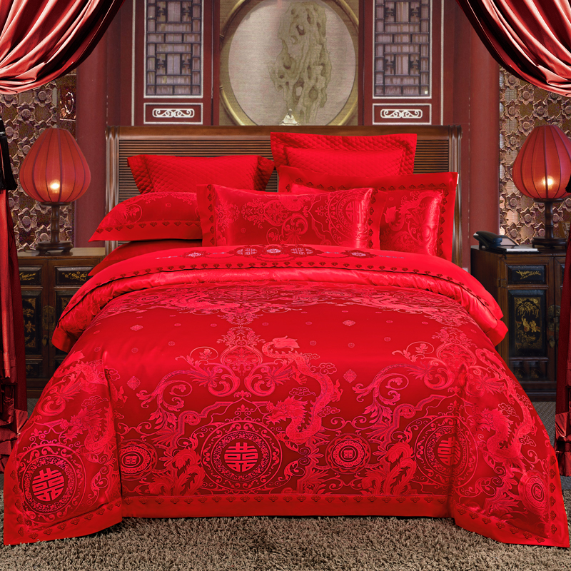 新款60支贡缎经典绣花四件套 1.8m（6英尺）床单款 天长地久大红
