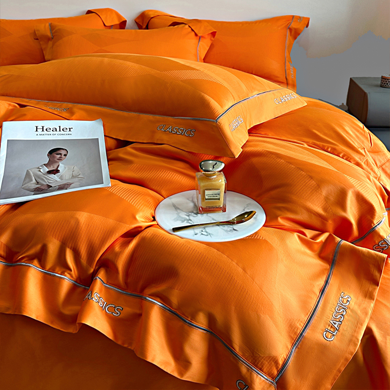 新款长绒棉提花绣花拼角套件 1.8m（6英尺）床 阳光橙