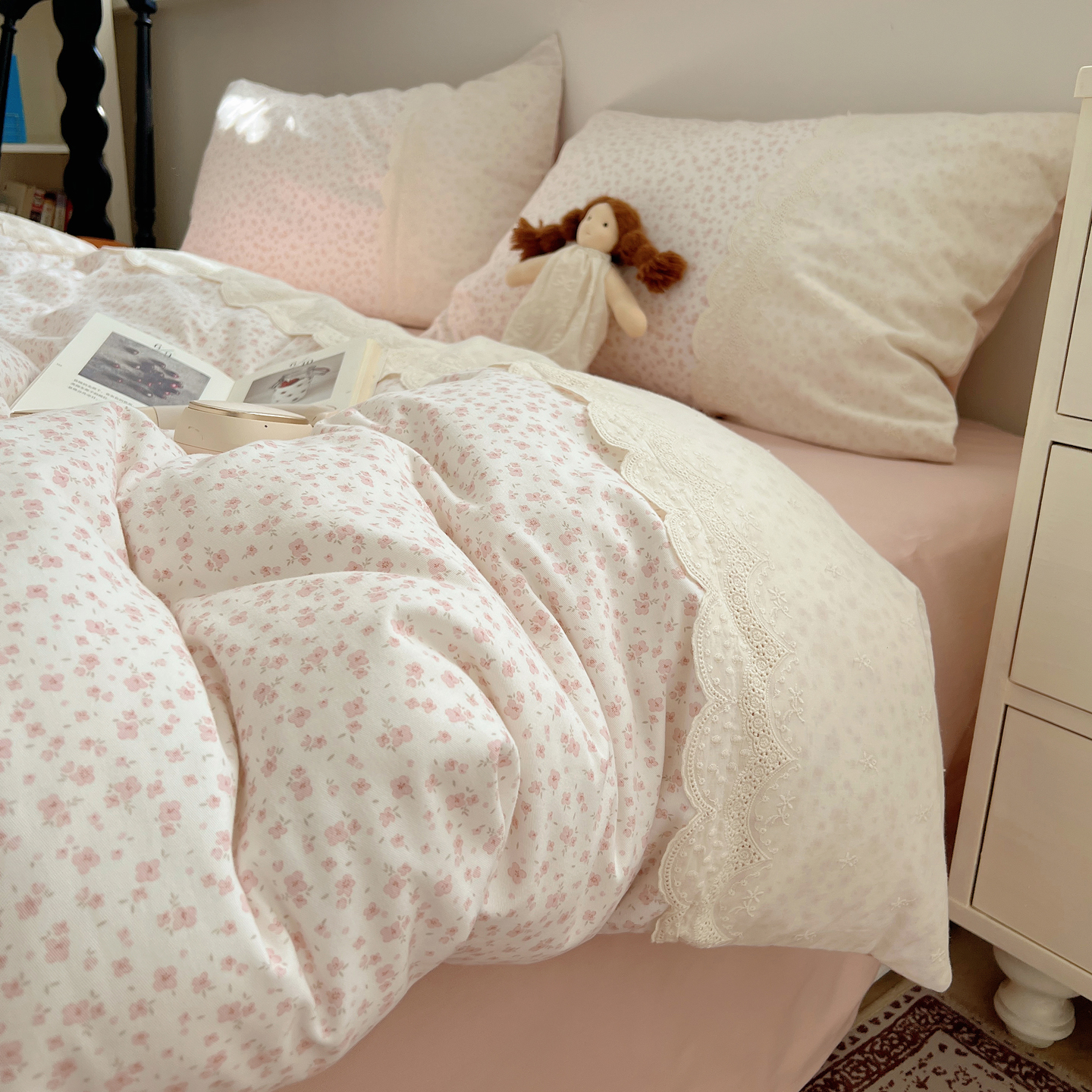 2025新款全棉淑女花边数码印花磨毛四件套 小确幸-米粉