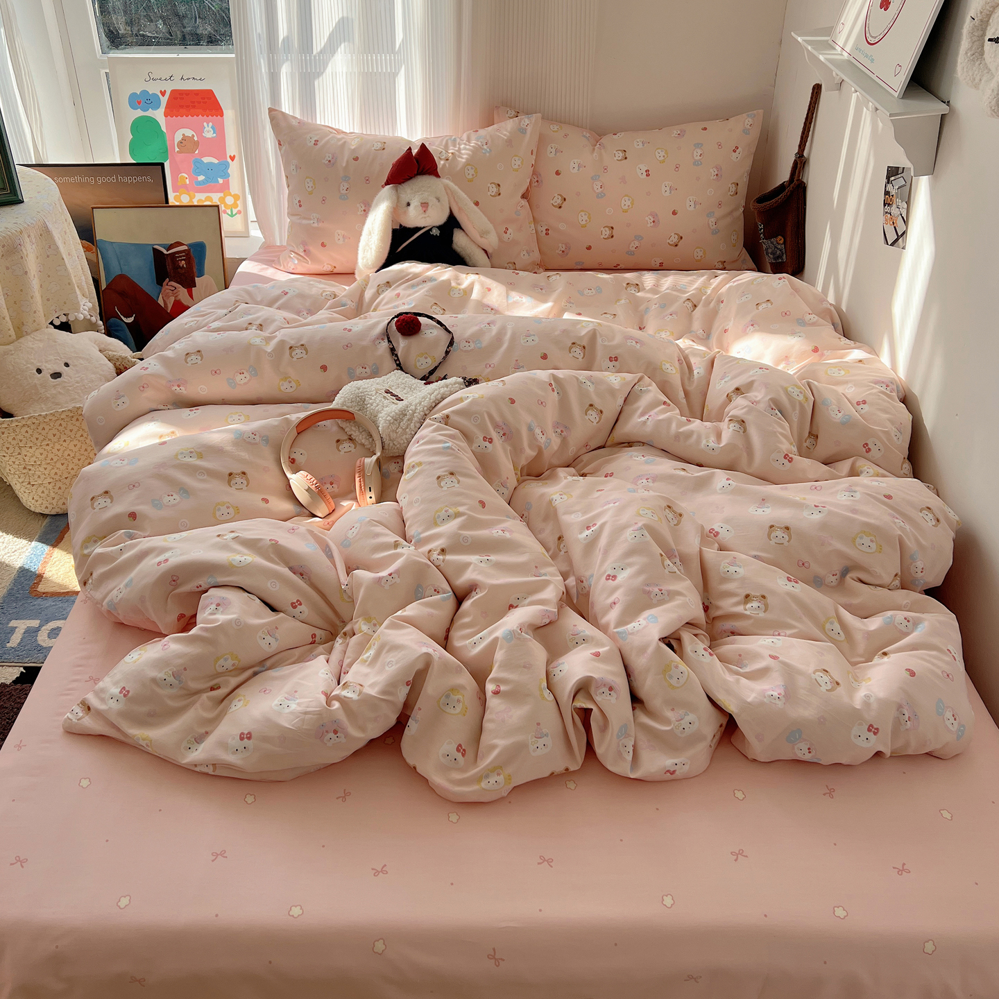 2026春夏新款40支全棉13372卡通四件套 甜酱小猫-粉