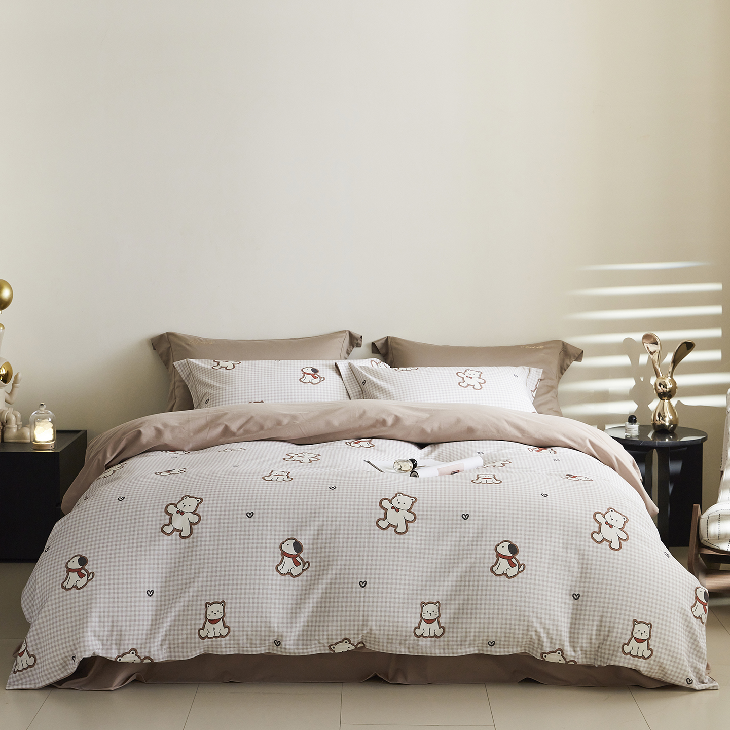 2025新款秋冬全棉生态磨毛四件套 萌趣卡其