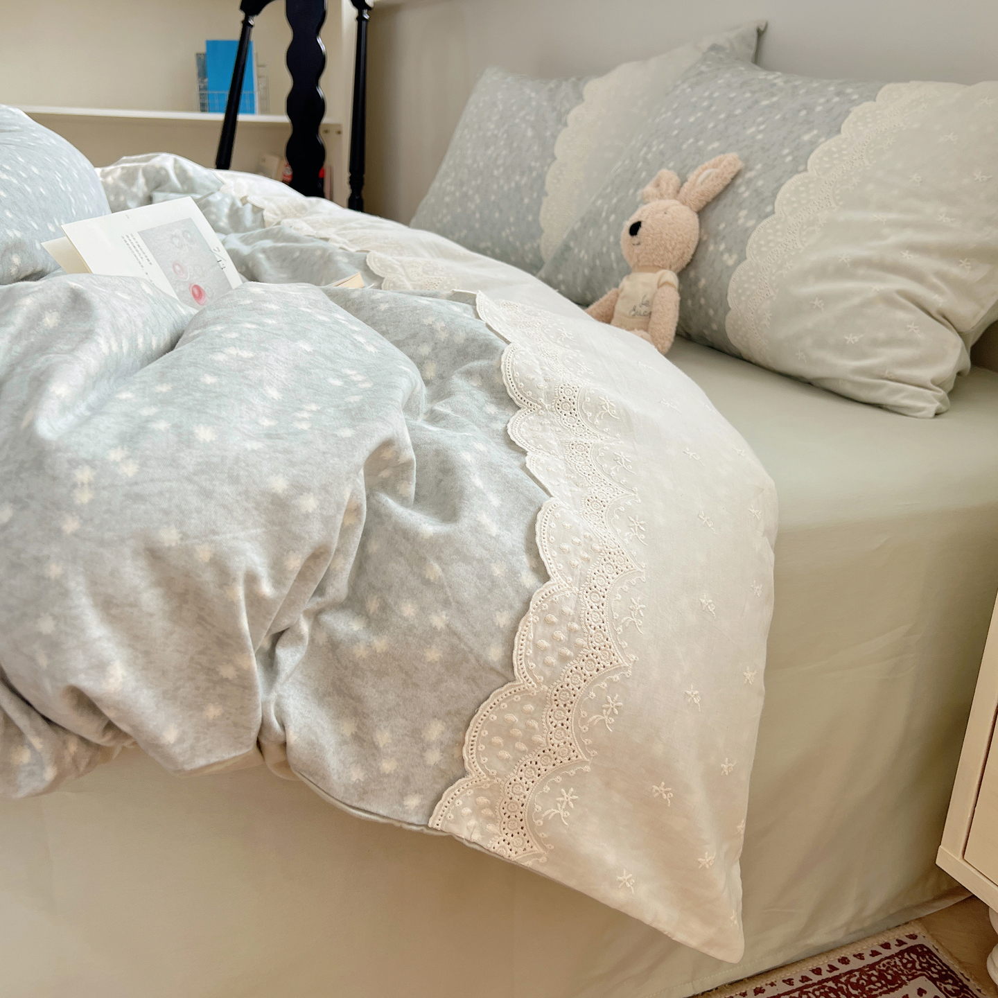 2025新款全棉淑女花边数码印花磨毛四件套 星愿-绿