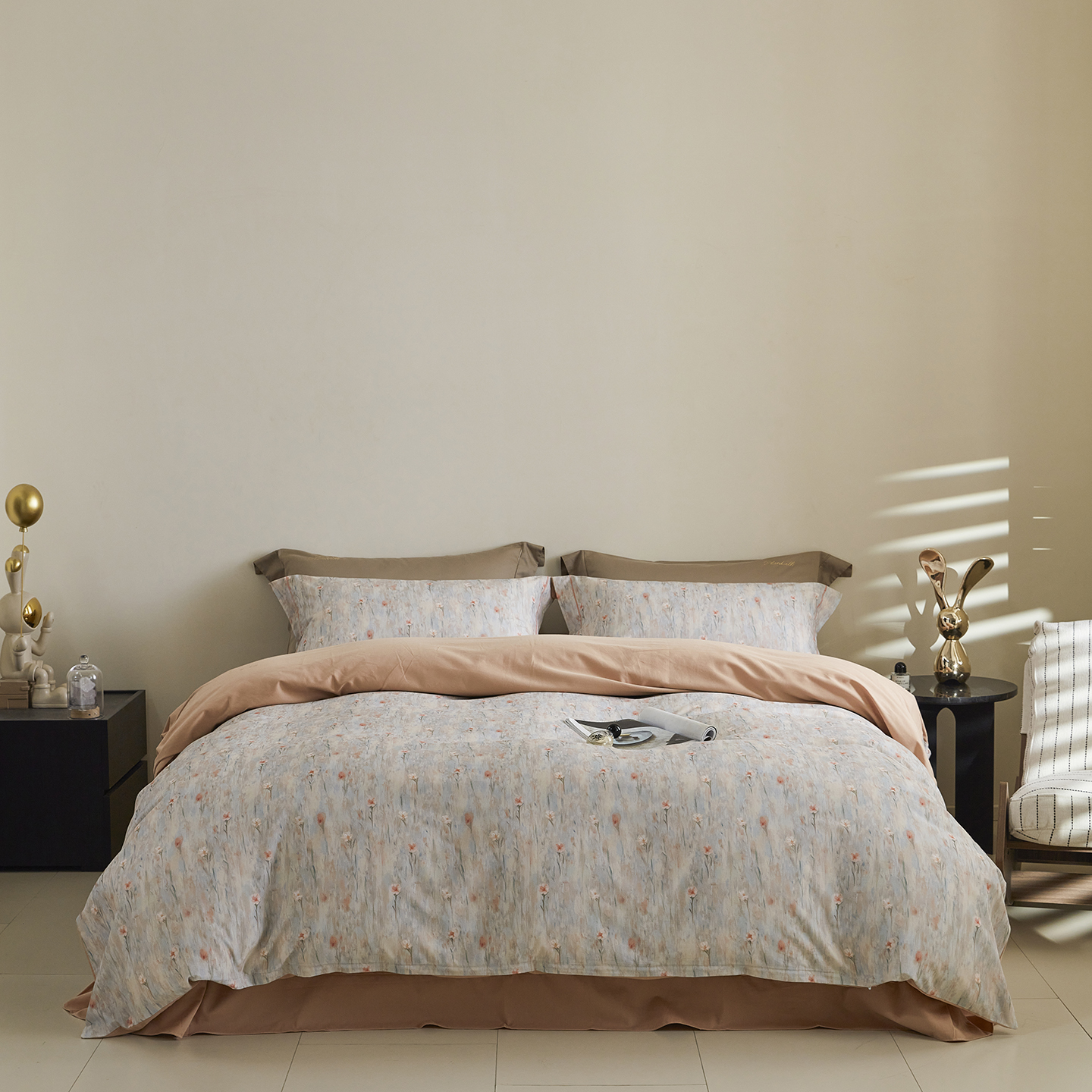 2025新款秋冬全棉生态磨毛四件套 花影桔