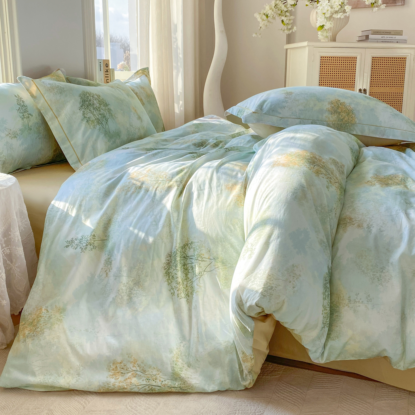 2026新款40支全棉花卉13376数码印花四件套-第二批 幸福里-绿