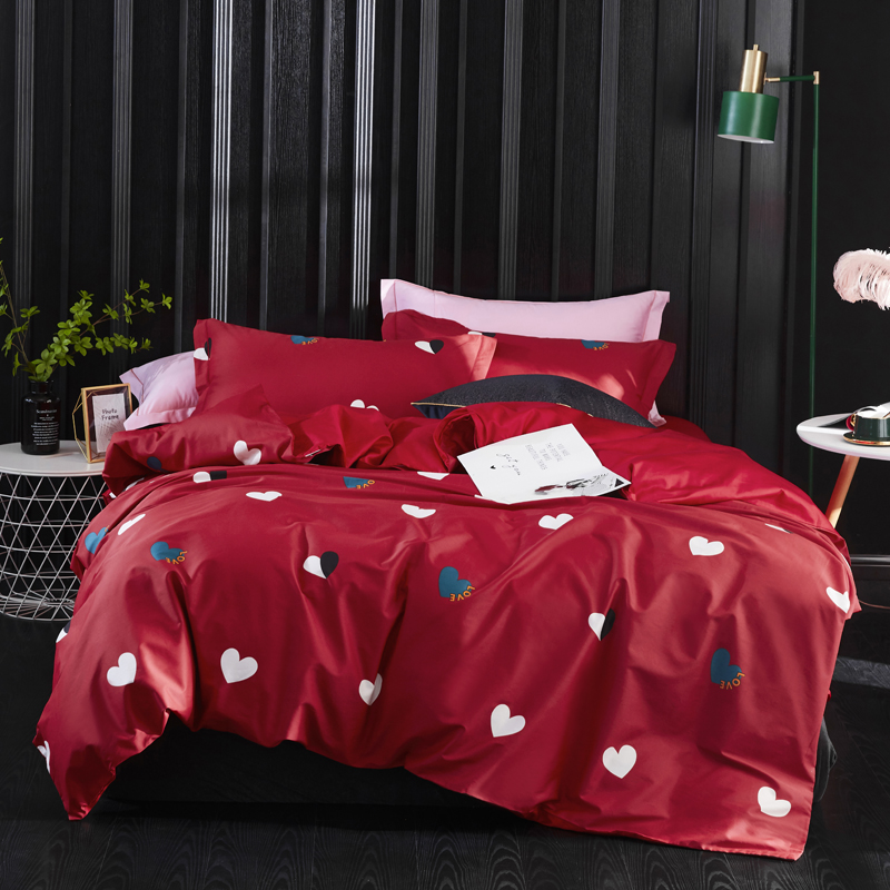 2019新款60长绒棉印花四件套（实拍） 1.5m（5英尺）床单款 爱情密码-红