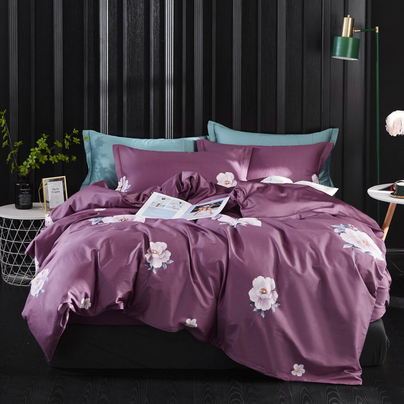 2019新款60长绒棉印花四件套（实拍） 1.5m（5英尺）床单款 俏枝馨语-紫