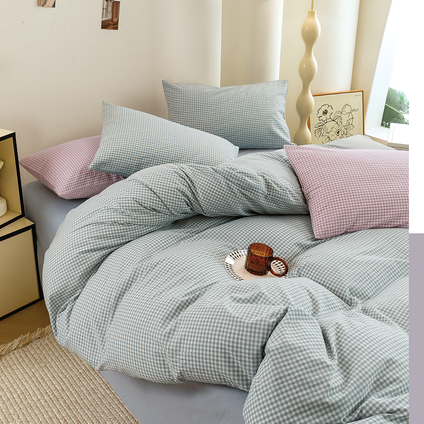 2025新款紧密纺水洗棉（面料） 甜柚-小小格兰